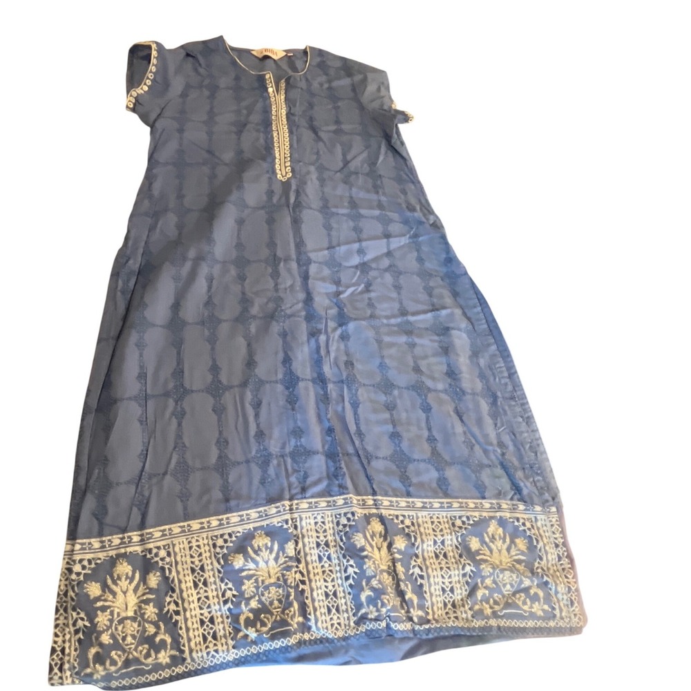 BIBA Blue White‎ Embroidered Maxi Dress Size 38